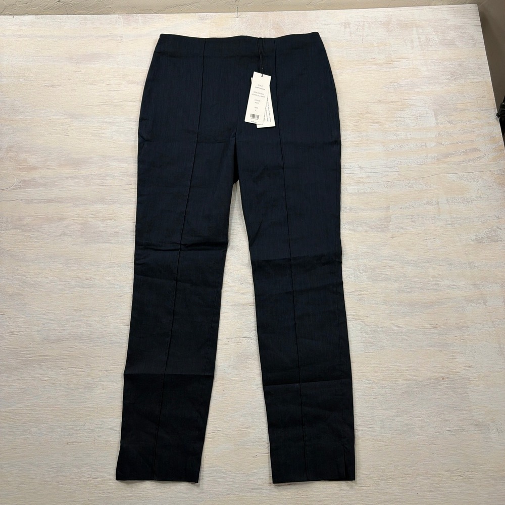 Veronica Beard Honolulu Pant 6 Navy Linen Blend Pintuck Straight Leg NWT
